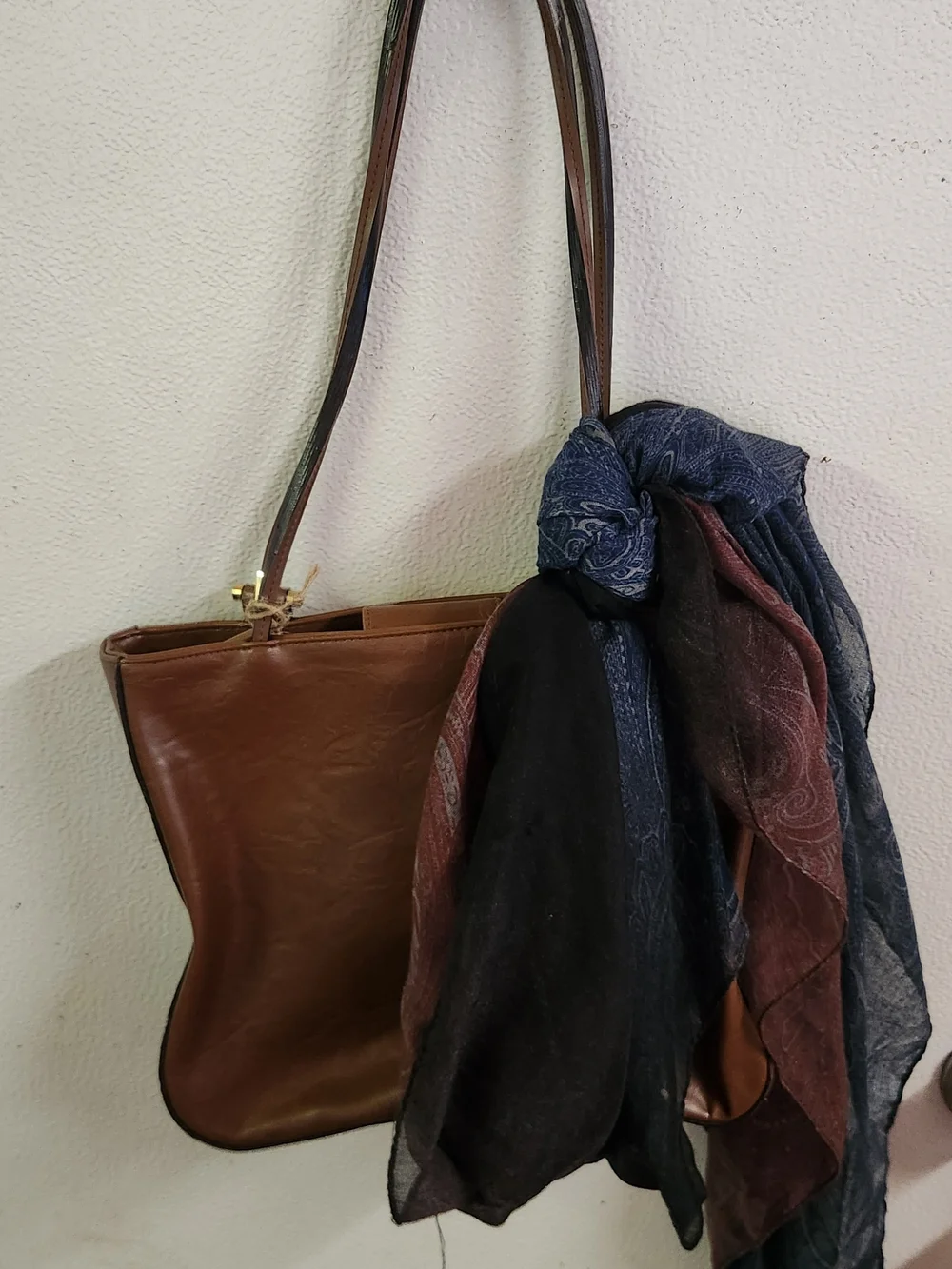 Leather Tote Bag with Decorative Scarf - Brown